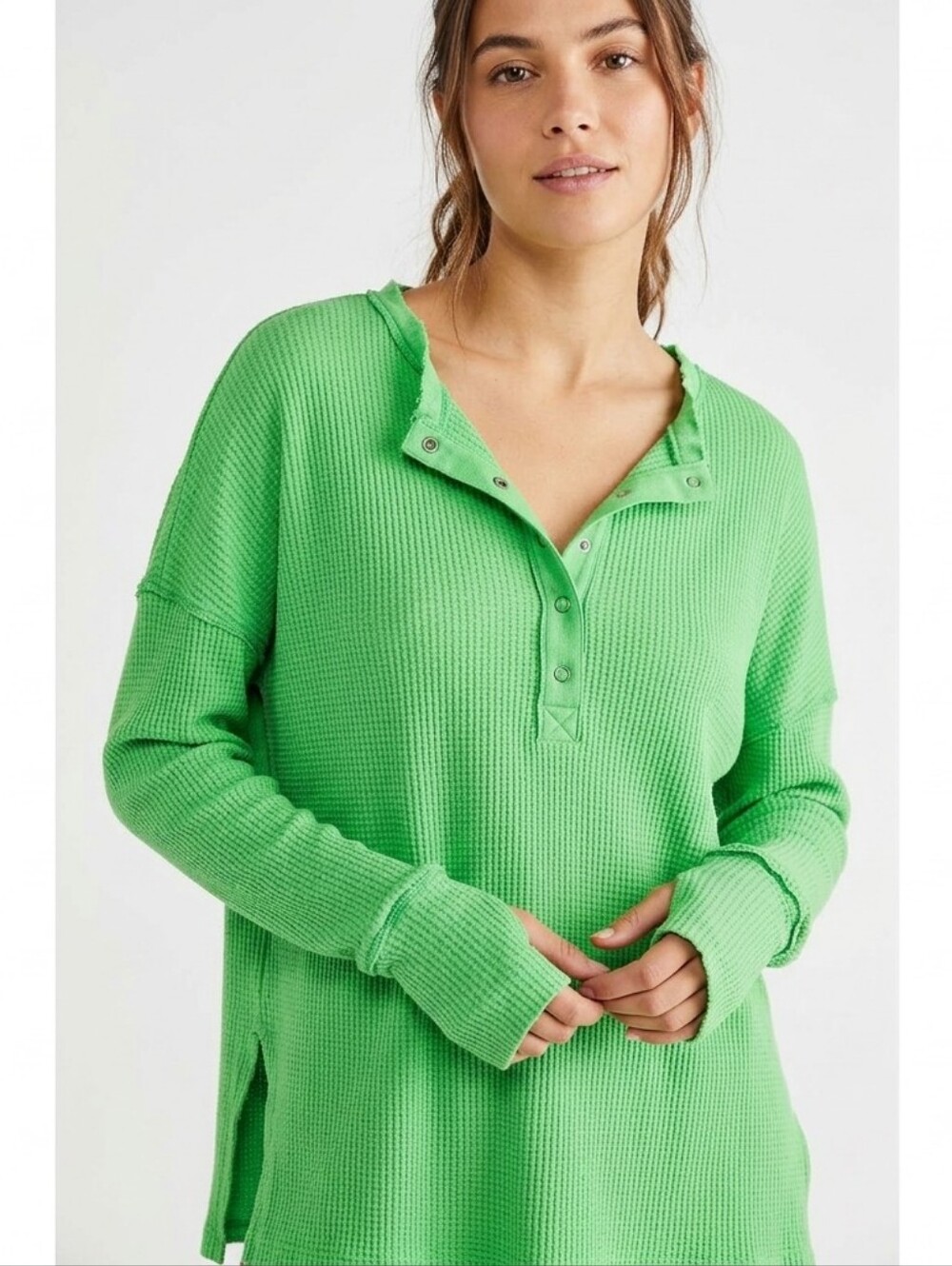Aerie OFFLINE Waffle Knit Snap Henley Top Kelly Green Size Medium